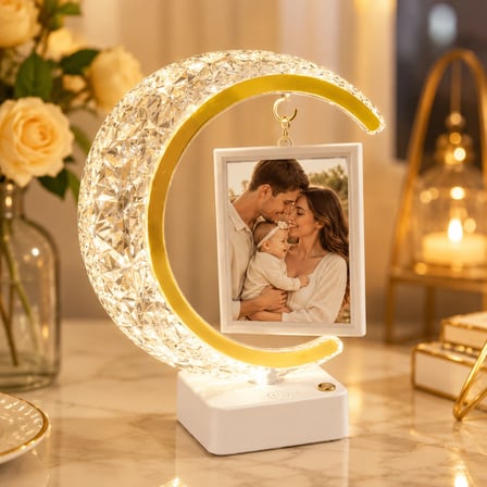 Kişiye Özel Fotoğraflı Kristal Hilal LED Masa Lambası