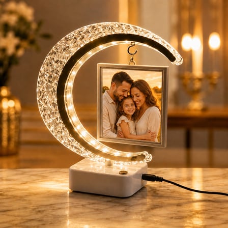 Kişiye Özel Fotoğraflı Kristal Hilal LED Masa Lambası