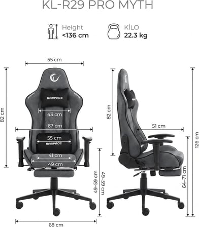 Rampage Myth Pro KL-R29 Üst Seviye Terletmez Kumaş Gri Gaming Oyuncu Koltuğu