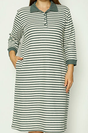 Kadın Çizgi Desenli Cepli Truvakar Kollu Düğmeli Büyük Beden Pamuklu Jakar Elbise