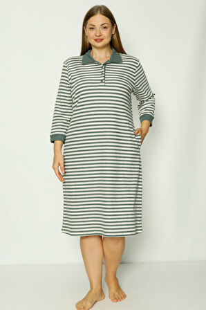 Kadın Çizgi Desenli Cepli Truvakar Kollu Düğmeli Büyük Beden Pamuklu Jakar Elbise