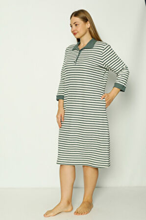 Kadın Çizgi Desenli Cepli Truvakar Kollu Düğmeli Büyük Beden Pamuklu Jakar Elbise