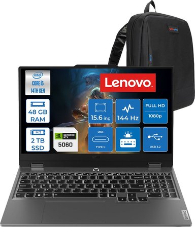 Lenovo Loq 15IRX10 Intel Core I5-14500HX 48GB Ddr5 2tb SSD RTX5060/8GB 100W 15,6 Inç Full Hd (1920X1080) IPS 300 Nit %100 Srgb, 144 Hz Freedos Gaming Bilgisayar 83JE012LTRF19+ZETTAÇANTA