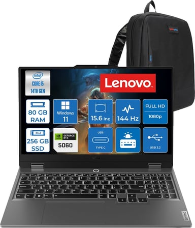 Lenovo Loq 15IRX10 Intel Core I5-14500HX 80GB Ddr5 256GB SSD RTX5060/8GB 100W 15,6 Inç Full Hd (1920X1080) IPS 300 Nit %100 Srgb, 144 Hz WIN11HOME Gaming Bilgisayar 83JE012LTRH26+ZETTAÇANTA
