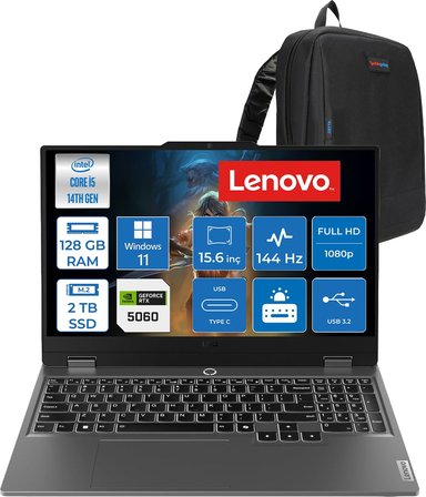 Lenovo Loq 15IRX10 Intel Core I5-14500HX 128GB Ddr5 2tb SSD RTX5060/8GB 100W 15,6 Inç Full Hd (1920X1080) IPS 300 Nit %100 Srgb, 144 Hz WIN11HOME Gaming Bilgisayar 83JE012LTRH39+ZETTAÇANTA