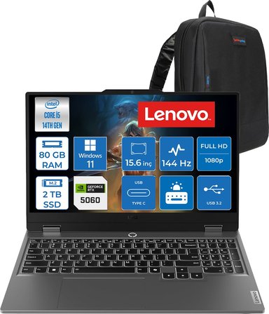 Lenovo Loq 15IRX10 Intel Core I5-14500HX 80GB Ddr5 2tb SSD RTX5060/8GB 100W 15,6 Inç Full Hd (1920X1080) IPS 300 Nit %100 Srgb, 144 Hz WIN11PRO Gaming Bilgisayar 83JE012LTRP29+ZETTAÇANTA
