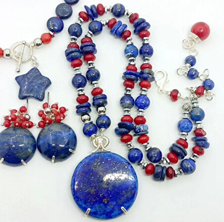 2407 Lapislazulli Mercan Hematit el yapımı kolye