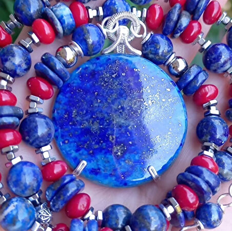 2407 Lapislazulli Mercan Hematit el yapımı kolye