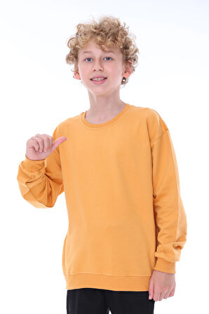 Oversize Unisex Basic Düz Haki Renk %100 Pamuk Sweatshirt (2-11 Yaş)