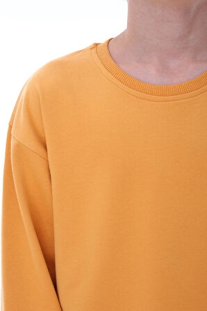 Oversize Unisex Basic Düz Haki Renk %100 Pamuk Sweatshirt (2-11 Yaş)