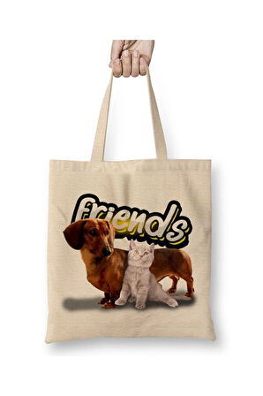 Amigos Sinceros Pug Cat Köpek Kedi Dostluk Beyaz Bez Çanta Uzun Saplı Alışveriş Çantası