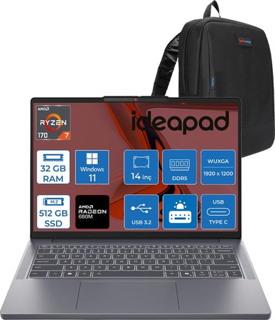 Lenovo Ideapad Slim 3 14ARP10 Amd Ryzen 7 170 32GB Ddr5 512GB SSD Radeon™ 680M Graphics 14" Wuxga (1920X1200) IPS 300NITS WIN11PRO Taşınabilir Bilgisayar 83K6006JTRP12+ZETTAÇANTA