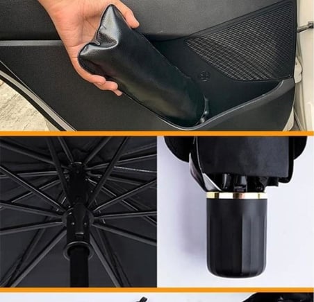 Katlanabilir Araç İçi Ön Cam Güneşliği Araba Şemsiye Güneşlik Torpido Koruyucu Güneşlik Oto Güneş Şemsiyesi UV Işın Engelleyici Universal/Tüm Araçlara Uyumlu Deri Kılıflı (140 cm x 78 cm)