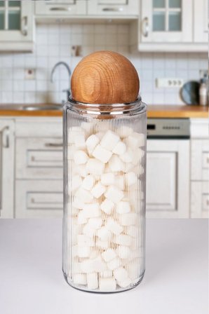 Ahşap Top Kapaklı Dekoratif Çay,Kahve,Şeker,Tuz Saklama Kavanozu 1500 ML Cam
