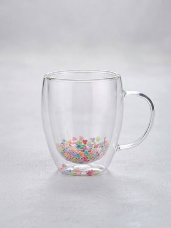 Borosilikat Çift Cidarlı Renkli Konfetili 350 ml Cam Kupa / Isıya Dayanıklı Çift Katmanlı Bardak