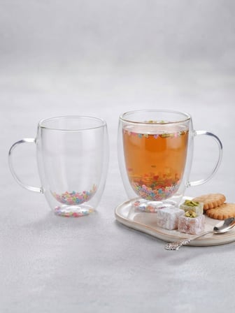 Borosilikat Çift Cidarlı Renkli Konfetili 350 ml Cam Kupa / Isıya Dayanıklı Çift Katmanlı Bardak