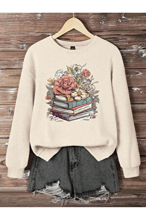 Kitap Ve Çiçek Baskı Detaylı Bisiklet Yaka İçi Polarlı Sweatshirt