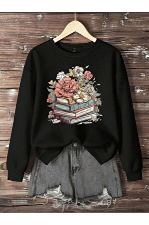 Kitap Ve Çiçek Baskı Detaylı Bisiklet Yaka İçi Polarlı Sweatshirt