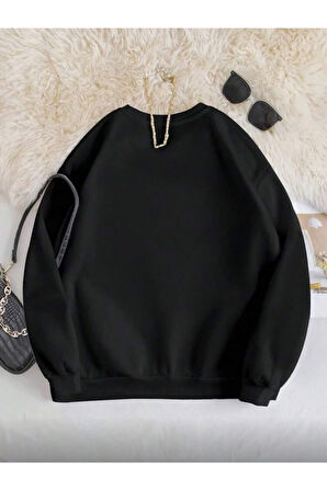 Pembe Kurdele Baskı Detaylı Bisiklet Yaka İçi Polarlı Sweatshirt