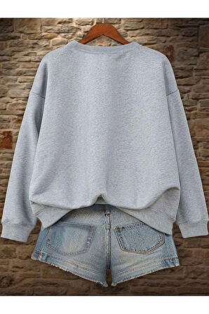 Pembe Kurdele Baskı Detaylı Bisiklet Yaka İçi Polarlı Sweatshirt