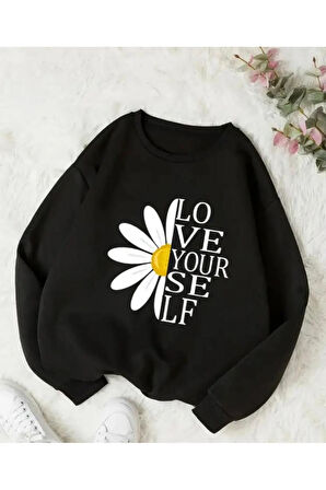 Papatya Baskı Detaylı Bisiklet Yaka İçi Polarlı Sweatshirt