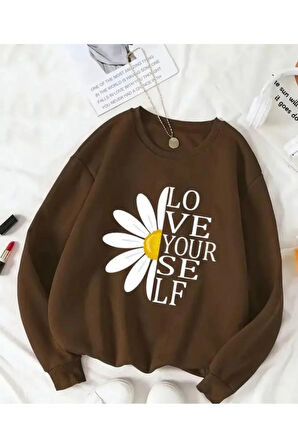 Papatya Baskı Detaylı Bisiklet Yaka İçi Polarlı Sweatshirt
