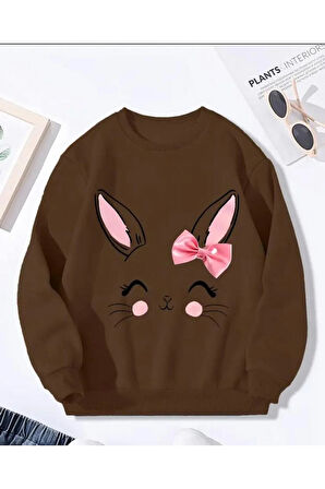 Secimli Tavşan Baskı Detaylı Bisiklet Yaka İçi Polarlı Sweatshirt