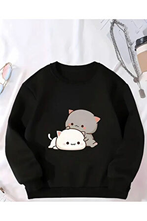 Kedi Baskılı Bisiklet Yaka İçi Polarlı Sweatshirt