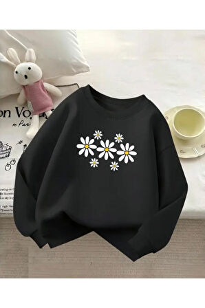 Papatya Baskı Detaylı Bisiklet Yaka İçi Polarlı Sweatshirt