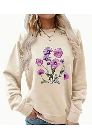 Mor Çiçek Demeti Baskı Detaylı Bisiklet Yaka İçi Polarlı Sweatshirt