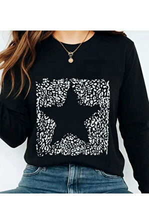 Yıldız Baskı Detaylı Bisiklet Yaka İçi Polarlı Sweatshirt