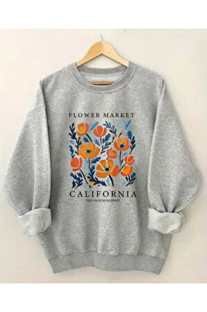 Çiçekler Baskı Detaylı Bisiklet Yaka İçi Polarlı Sweatshirt
