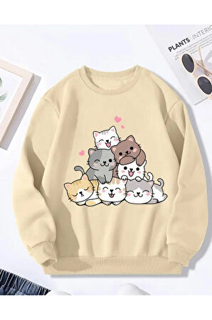 Sevimli Kedi Detaylı Bisiklet Yaka İçi Polarlı Sweatshirt