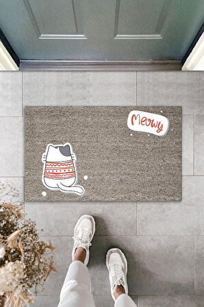 Dijital Baskı Gri Meowy Yazılı Arkasını Dönmüş Kazaklı Kedi Dekoratif Kapı Paspası K-2061