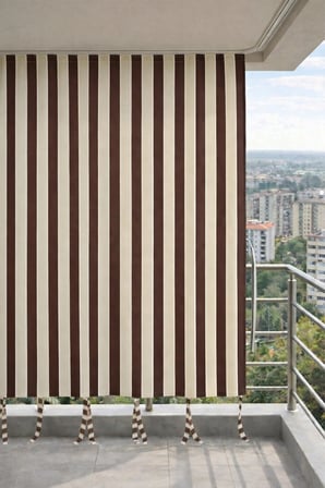 Kahve-Krem balkon perdesi kornişli bağcıklı dış mekan dayanıklı modern balkon brandası