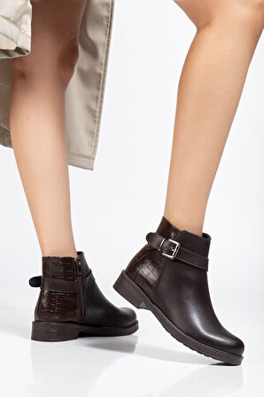 165-204/1 Kahve Kroko Toka Aksesuarlı Fermuarlı Günlük Kadın Bot 