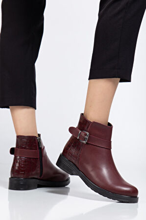 165-204/1 Bordo Kroko Toka Aksesuarlı Fermuarlı Günlük Kadın Bot   