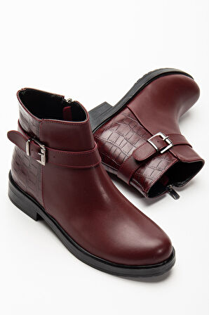 165-204/1 Bordo Kroko Toka Aksesuarlı Fermuarlı Günlük Kadın Bot   