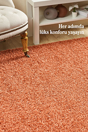 Modern Desenli Salon Halısı Turuncu Halı Peluş Halı Yıkanabilir Post Halı Kaymaz Taban Halı