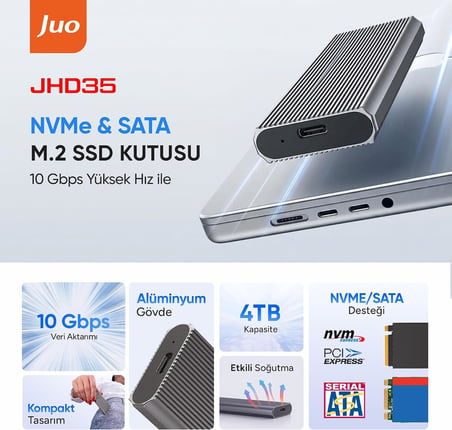 Juo JHD35 M.2 SATA ve NVMe SSD Dual Protocol Disk Kutusu Type-C USB 3.1 10Gbps Alüminyum 4TB Destekli Harici SSD Disk Kutusu