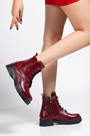02-2003 Bordo Kırışık Rugan Bağcıklı Fermuarlı Günlük Kadın Bot 