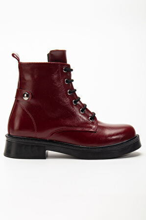 02-2003 Bordo Kırışık Rugan Bağcıklı Fermuarlı Günlük Kadın Bot 