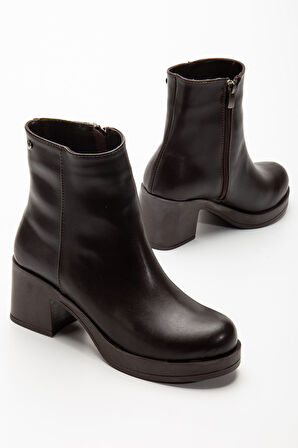 5109-3022 Kahve Fermuarlı Kalın Topuklu Günlük Kadın Bot