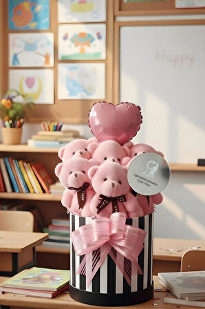 Öğretmenler Günü Özel: Atatürk Temalı Kutlama Aynalı Premium Kutuda, Kalpli Balonlu 6’lı Pembe Ayıcık Buketi- Öğretmene Hediye