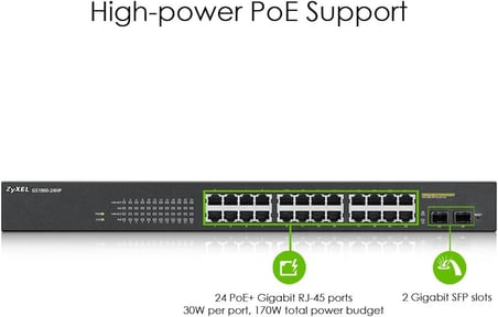 24-Port 10/100/1000 Gigabit PoE Switch | Smartmanaged | Rack Mount | 24 PoE + Port | 170 Watt | 2 SFP Port | VLAN, IGMP, QoS [GS1900-24HP]
