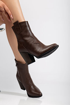 117 Kahve Kovboy Dikiş Detaylı Fermuarlı  Yüksek Topuklu Günlük Kadın Bot 