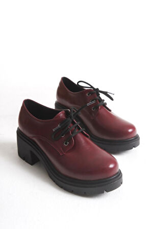K-707 Bordo Kırışık Rugan Yüksek Tabanlı Bağcıklı  Loafer Ayakkabı 