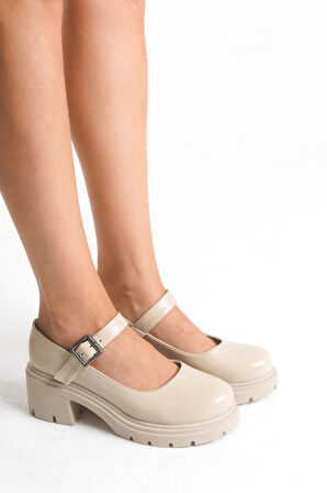 K-708 Bej Kırışık Rugan Tokalı Yüksek Tabanlı Loafer Ayakkabı