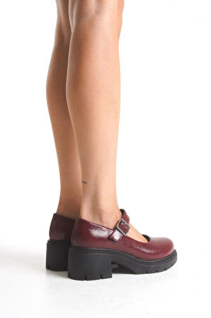 K-708 Bordo Kırışık Rugan Tokalı Yüksek Tabanlı Loafer Ayakkabı 