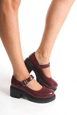 K-708 Bordo Kırışık Rugan Tokalı Yüksek Tabanlı Loafer Ayakkabı 